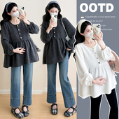 中长款 孕妇装 春秋季 慵懒休闲气质减龄宽松遮肚娃娃衫 孕妇上衣 秋装