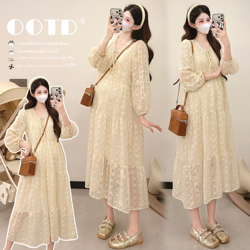 孕妇裙子2026春装优雅减龄蕾丝刺绣提花过膝潮妈裙春季孕妇连衣裙,孕妇装/孕产妇用品/营养,连衣裙,淘宝优惠券,粉丝福利购,淘宝优惠卷