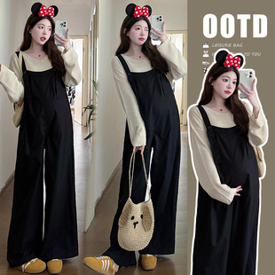 孕妇秋装 宽松套装 休闲简约麻棉背带裤 秋冬季 慵懒针织衫 2024新款