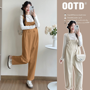 孕妇裤秋冬装外穿宽松显瘦直筒阔腿背带裤+打底衫减龄冬季两件套