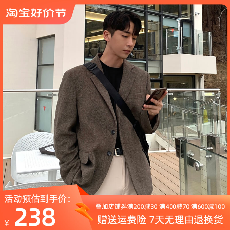 人字纹毛呢西装男冬季加厚秋冬外套男士短款大衣休闲韩版复古宽松