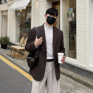 春秋季棕色休闲西装男韩版宽松潮流男生帅气男士西服外套单件上衣