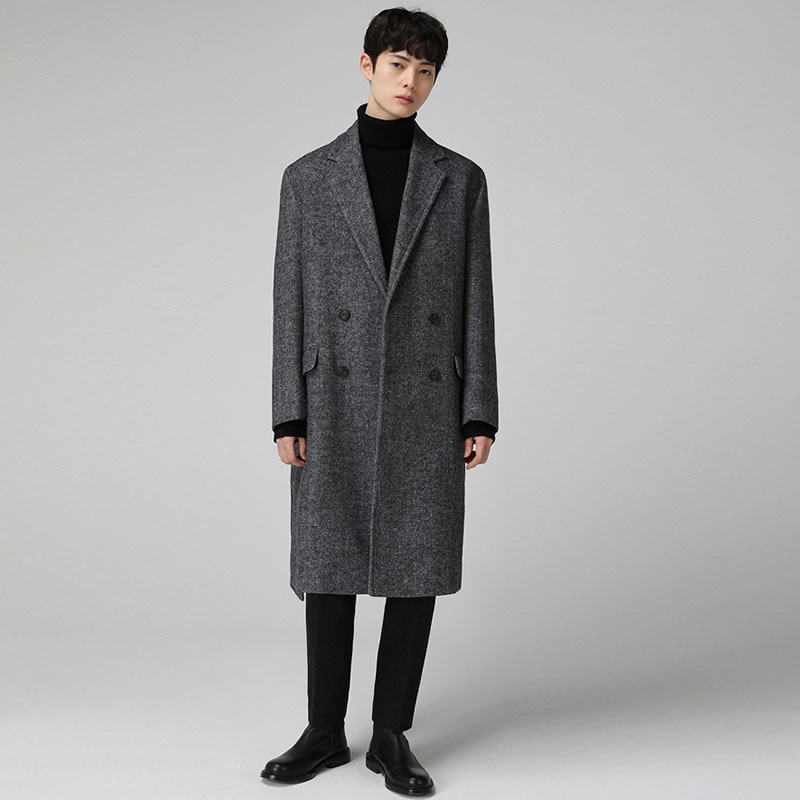 冬季加厚毛呢大衣男中长款韩版潮英伦风人字呢双排扣呢子断码福利