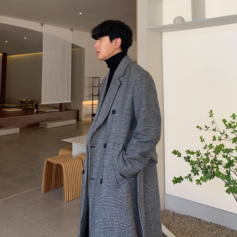 毛呢大衣男中长款英伦风冬季加厚双排扣格子外套韩版潮流断码福利