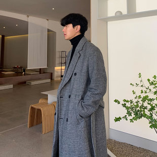 毛呢大衣男中长款英伦风冬季加厚双排扣格子外套韩版潮流断码福利