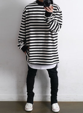黑白条纹t恤男生长袖体恤男潮牌ins宽松卫衣嘻哈韩版棉t打底上衣