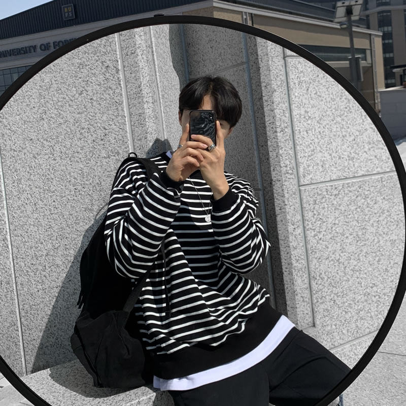 黑白条纹t恤男长袖宽松潮流潮牌男款休闲圆领春季卫衣ins港风春秋