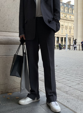 秋季长裤潮牌垂感裤子男休闲裤灰色直筒百搭裤脚内侧开叉垂坠感