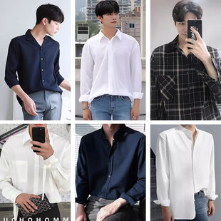 尺码不全清仓春秋纯色衬衫男款男士衬衣韩版潮流潮牌格子衬衫男