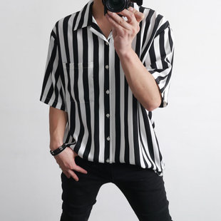 黑白条纹衬衫男短袖古巴领休闲宽松潮日系夏季很仙的衬衣男士痞帅