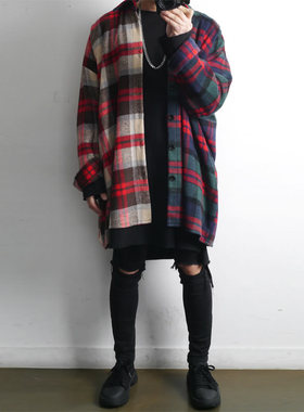 冬季毛呢衬衫男加绒加厚保暖宽松慵懒风潮流拼接格子外套男生长袖