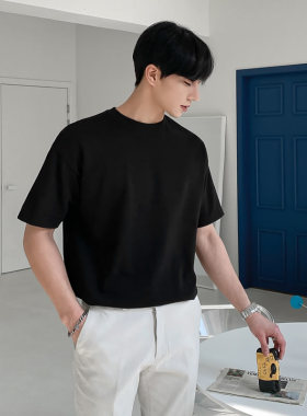 男士宽松纯色t恤男短袖ins潮牌潮流半袖男生中袖男款夏季薄款棉t