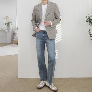 休闲西装外套男春秋季格子西服男士韩版单西日系复古春装单件上衣