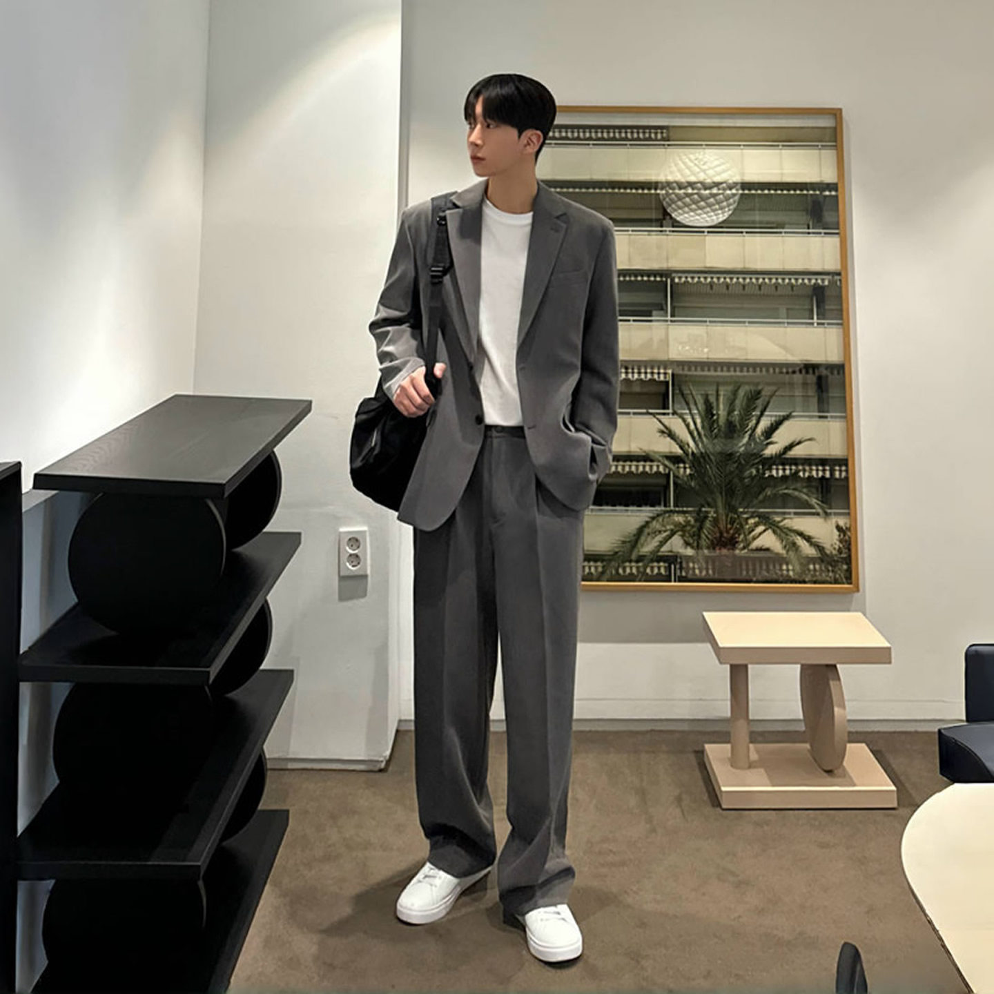 灰色韩版休闲西装男套装高级感痞帅垂感轻奢风宽松潮流男生单排扣
