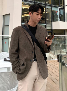 人字纹毛呢西装男冬季加厚秋冬外套男士短款大衣休闲韩版复古宽松