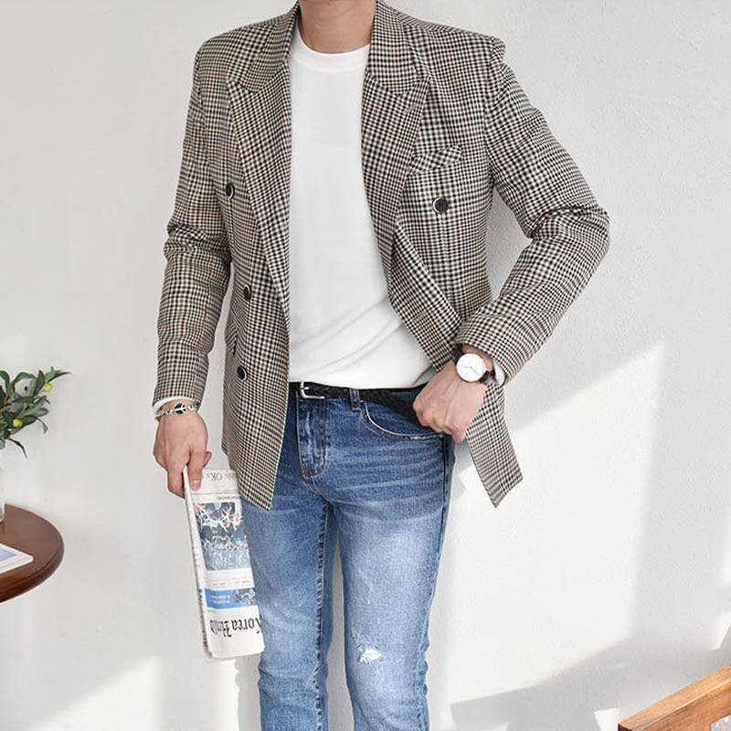 【断码】格子西装复古外套男春秋休闲韩版宽松男士单件上衣