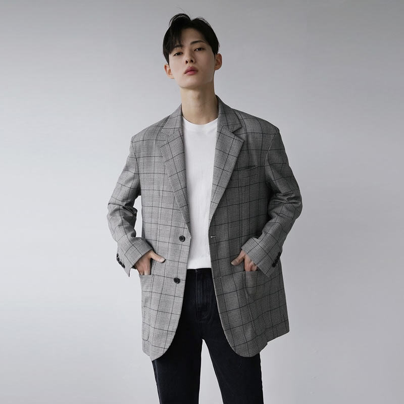 休闲格子西装男复古港风韩版潮流宽松痞帅炸街男士西服外套英伦风