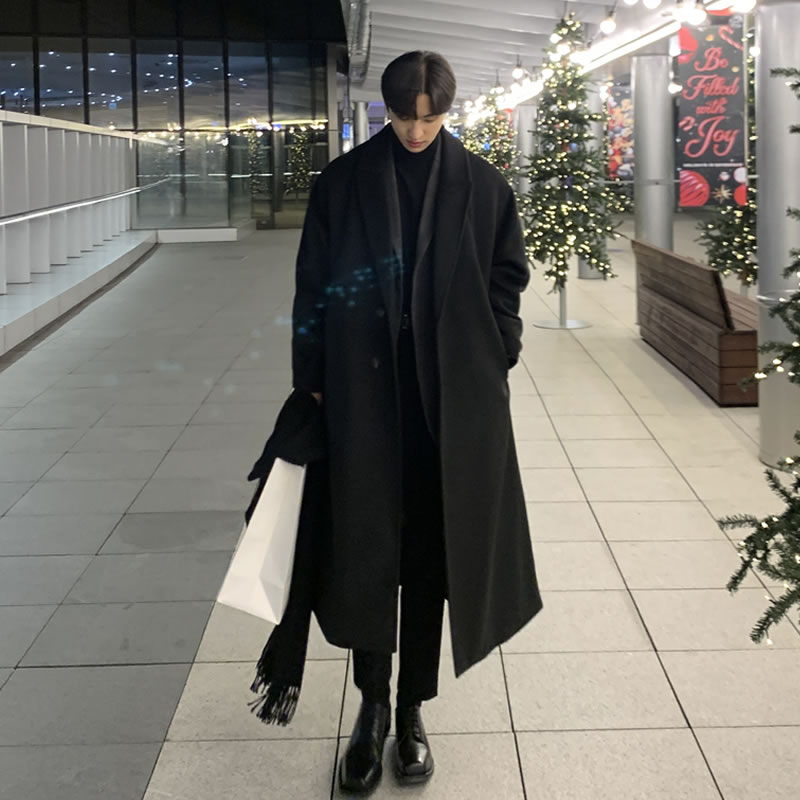 冬季加厚毛呢大衣男中长款宽松