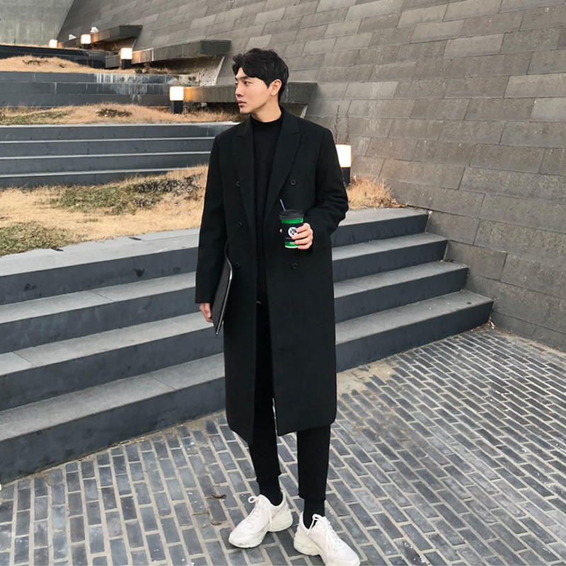 冬季加厚男款毛呢大衣男士中长款过膝双排扣韩版宽松呢子风衣外套