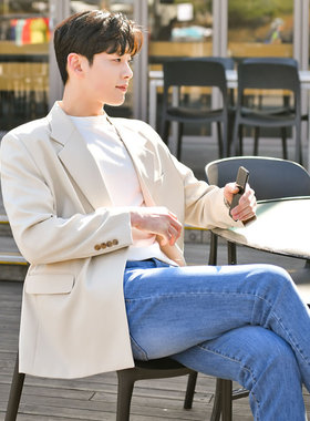 米白色休闲西装男外套春秋季双排扣韩版潮流宽松西服男士单件上衣