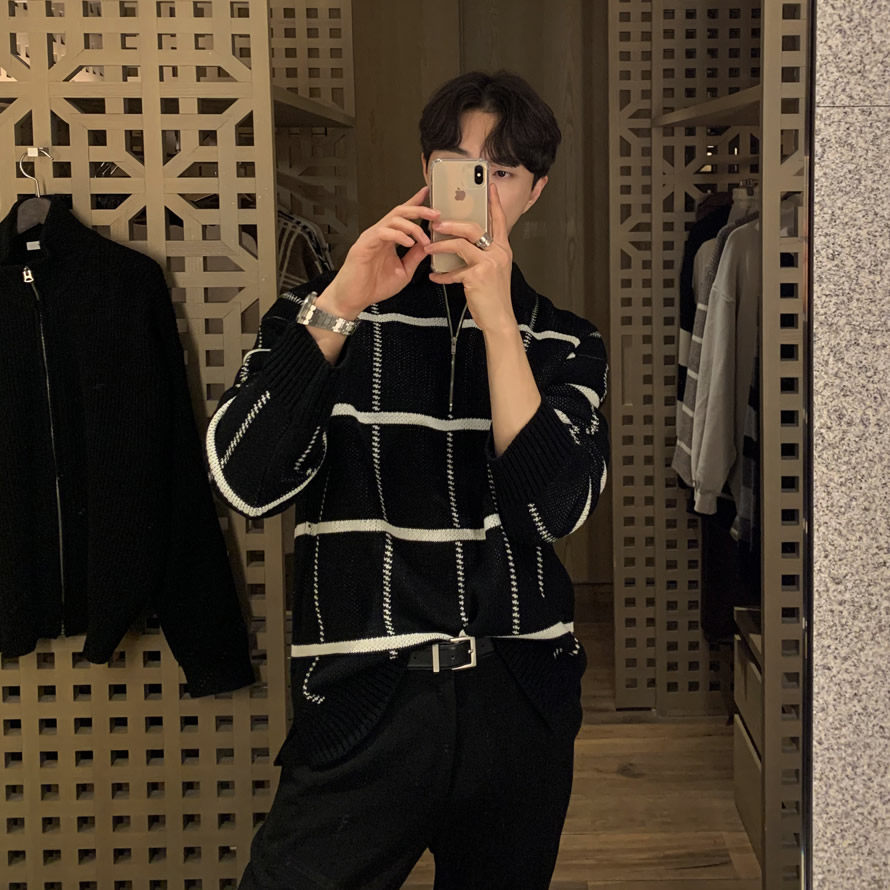 翻领针织Polo衫男士秋冬季韩版宽松慵懒风长袖套头格子毛衣男上衣