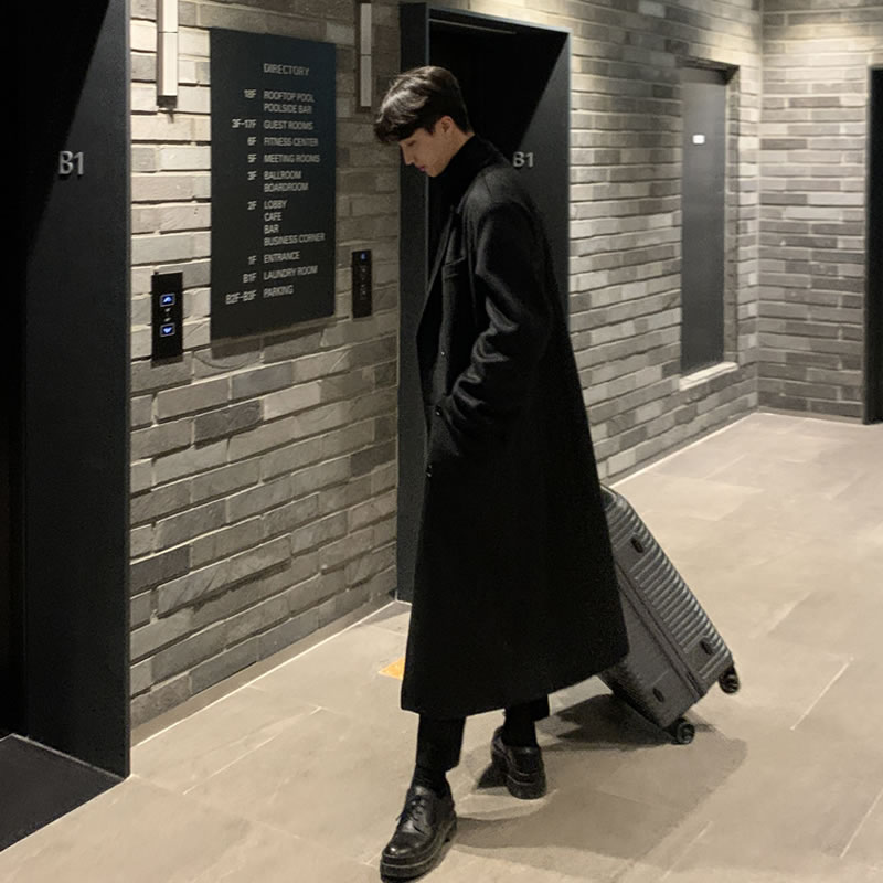 超长款过膝毛呢大衣男士冬季加厚