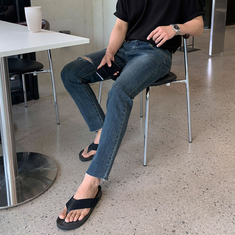 弹力破洞牛仔裤男九分裤松紧腰修身小脚9分裤韩版夏季ins潮牌裤子