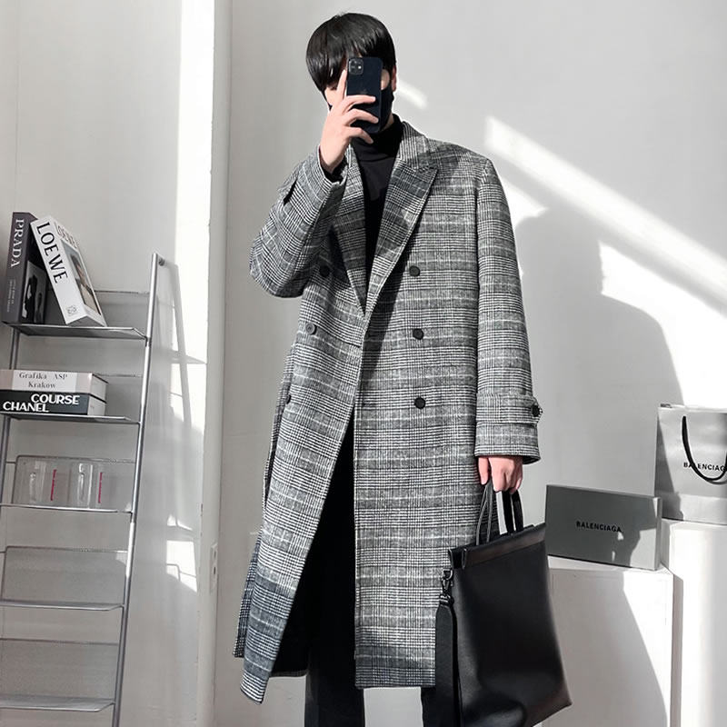 秋冬款复古格子大衣男中长款韩版双排扣呢子风衣冬季加厚毛呢外套,男装,毛呢大衣,淘宝优惠券,粉丝福利购,淘宝优惠卷