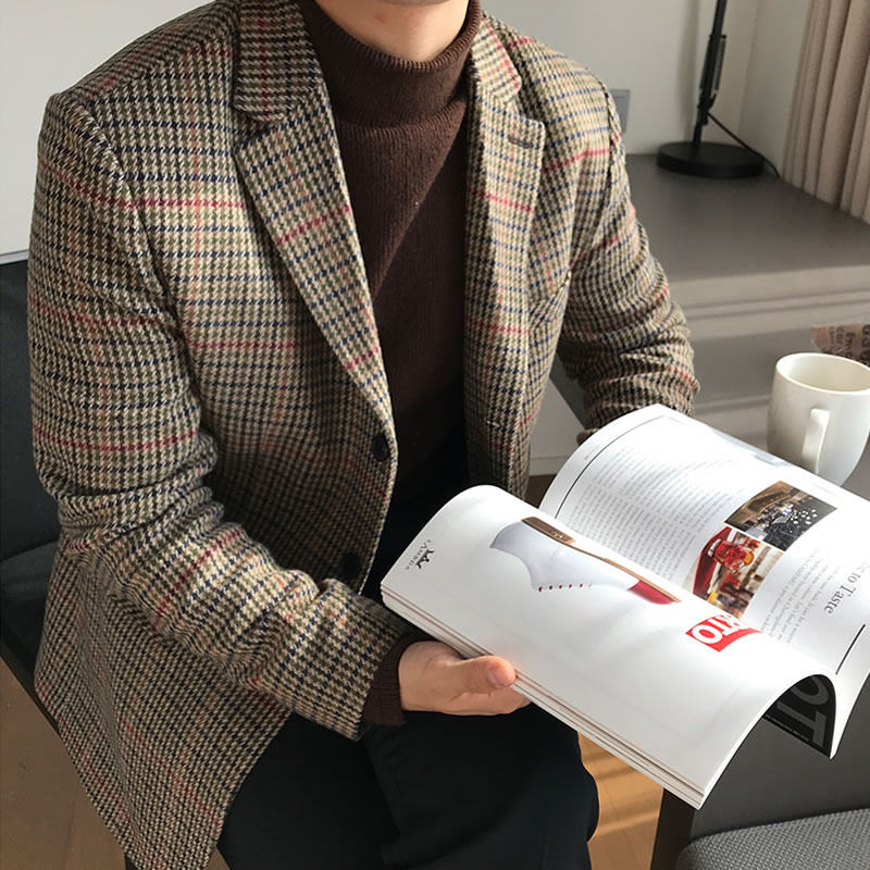 古潇ifashion格子西装男休闲小西装帅气韩版潮复古毛呢外套英伦风