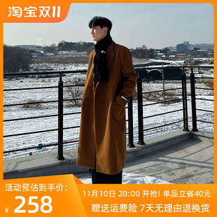 过膝长版毛呢大衣男款冬季加厚高级感韩版宽松双排扣秋冬风衣外套