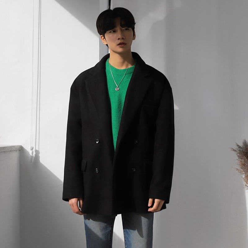 【断码】秋冬毛呢外套男短款韩版潮流宽松落肩呢子大衣双排扣
