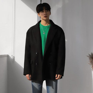 【断码】秋冬毛呢外套男短款韩版潮流宽松落肩呢子大衣双排扣