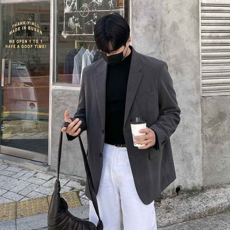 灰色西装外套男韩版潮宽松平驳领单排扣男士西服上班休闲单件上衣