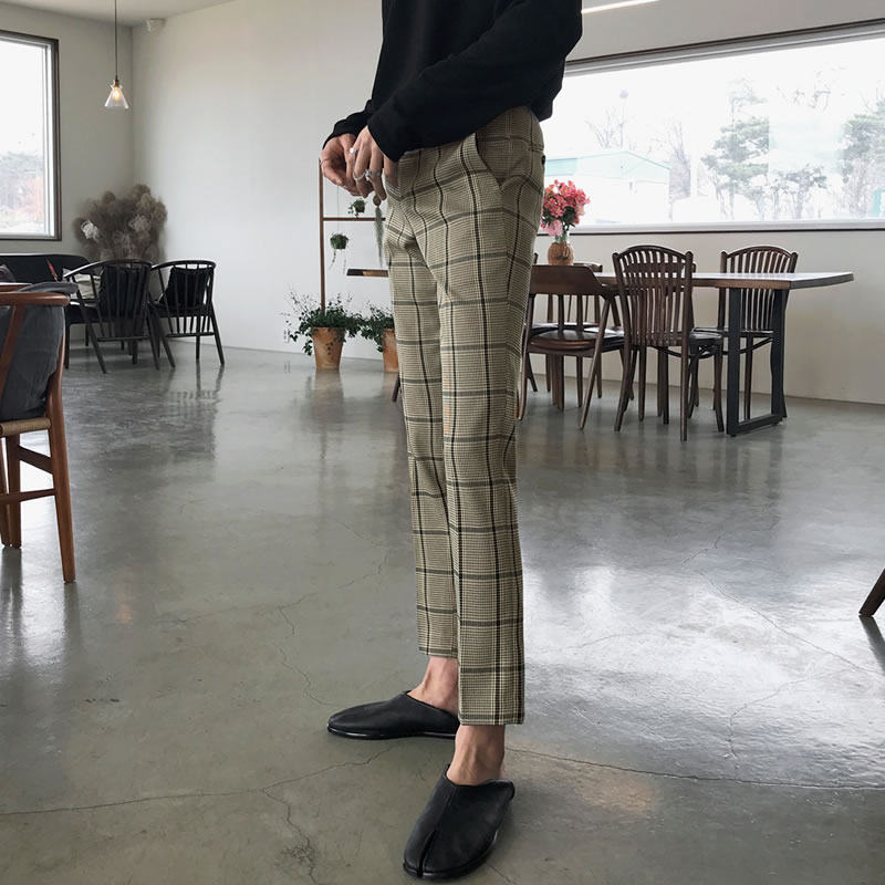 ins休闲百搭格子九分裤男修身西装套装裤子男韩版潮流9分直筒学生
