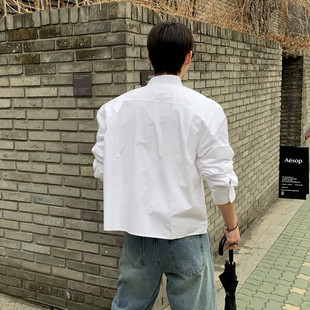 2026新款白色衬衫男长袖短款韩版宽松潮流慵懒风衬衣外套男士上衣