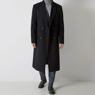 冬季 秋冬风衣外套男士 中长款 加厚毛呢大衣男款 双排扣黑色呢子韩版