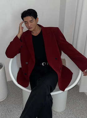 枣红色休闲西装外套男春秋季韩版宽松垫肩西服帅气男生潮流双排扣