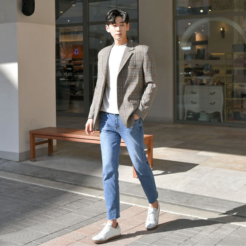 【断码】夏季薄款休闲西装男格子外套男士韩版潮单西复古港风