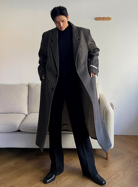 薄款春秋复古条纹毛呢大衣男款风衣外套男长款过膝韩版英伦风秋冬