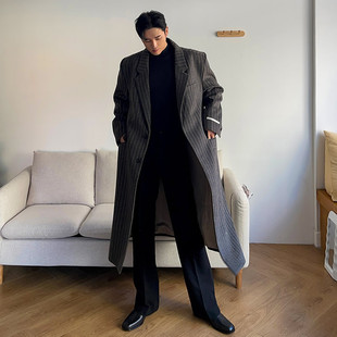 薄款春秋复古条纹毛呢大衣男款风衣外套男长款过膝韩版英伦风秋冬