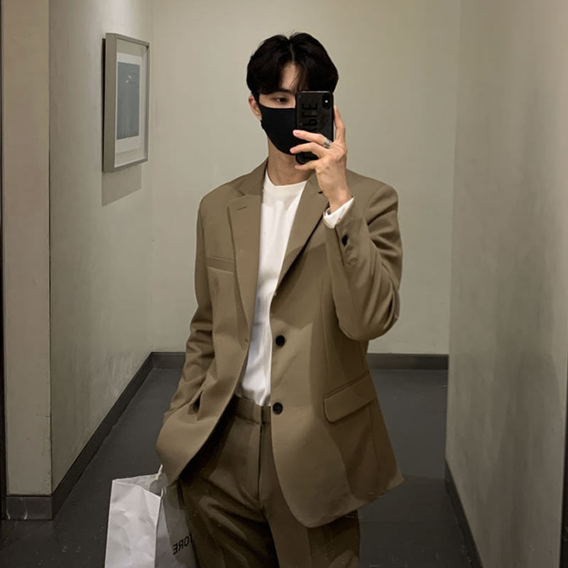 早春驼色休闲西装男外套春秋季韩版潮流宽松男士西服男款单件上衣