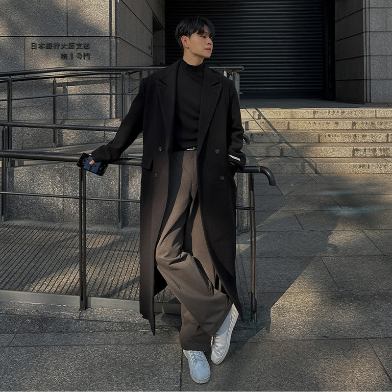 黑色毛呢大衣男长款过膝高级感冬季加厚呢子风衣外套韩版宽松系带,男装,毛呢大衣,淘宝优惠券,粉丝福利购,淘宝优惠卷