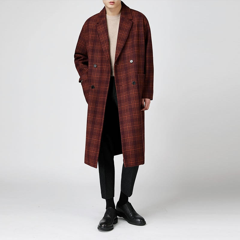 冬季毛呢大衣男中长款韩版复古格子风衣呢子秋冬外套羊毛宽松落肩,男装,毛呢大衣,淘宝优惠券,粉丝福利购,淘宝优惠卷