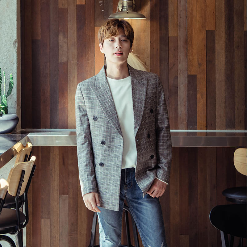 春秋复古格子西装男外套休闲男士西服双排扣男款便服单西单件上衣