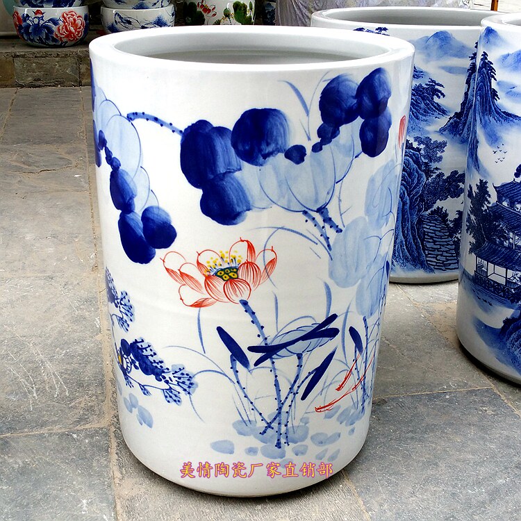 景德镇陶瓷器手绘荷花大号花瓶字画筒书画卷轴缸雨伞缸宣纸收纳桶