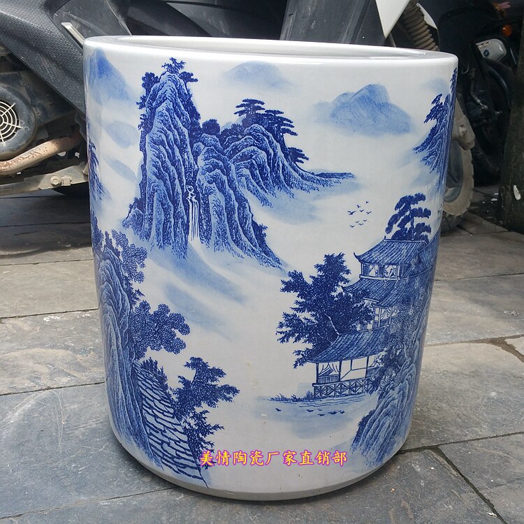 景德镇陶瓷器青花瓷山水直筒大号花瓶字画筒书画卷轴缸落地雨伞桶