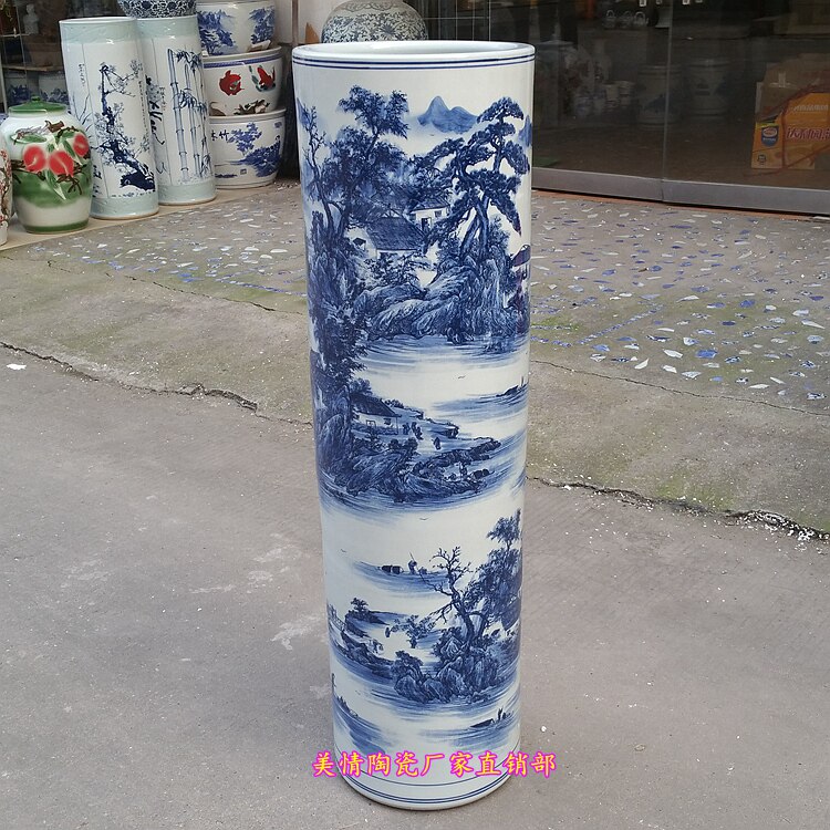景德镇陶瓷器青花瓷山水画落地大号直筒花瓶字画筒卷轴缸高95厘米