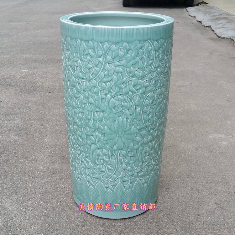 景德镇陶瓷影青釉雕刻缠枝莲直筒大花瓶青瓷字画卷轴缸落地雨伞桶