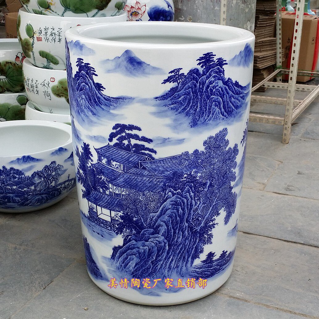 景德镇陶瓷器青花瓷山水画大花瓶大号字画筒书画卷轴缸落地雨伞桶