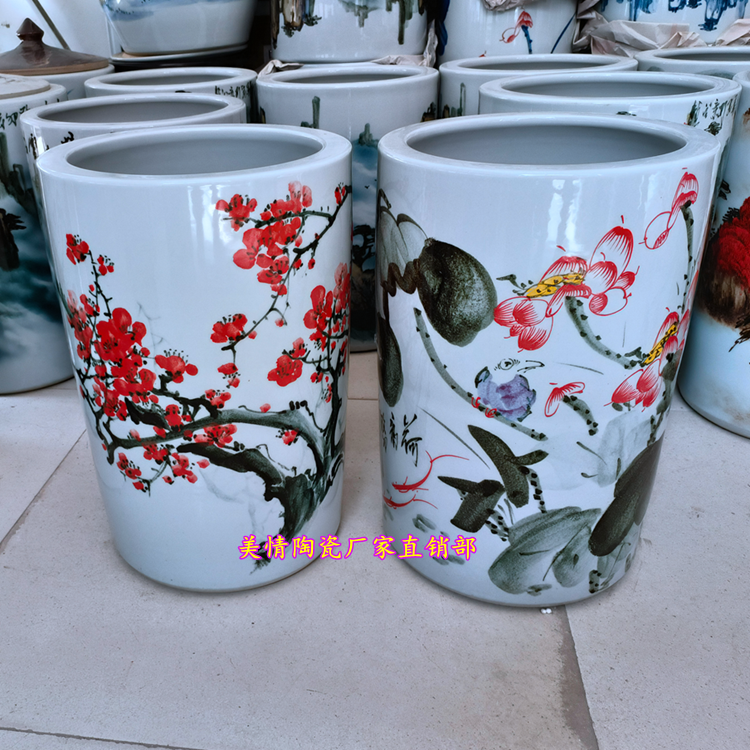 景德镇陶瓷手绘荷花梅花直筒大号花瓶字画筒书画卷轴缸雨伞收纳桶